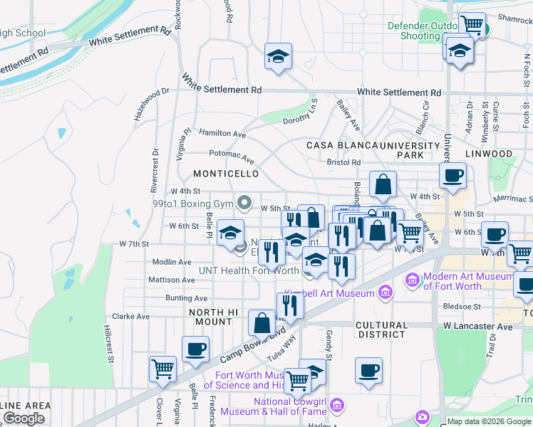 map of restaurants, bars, coffee shops, grocery stores, and more near 3750 West 6th Street in Fort Worth