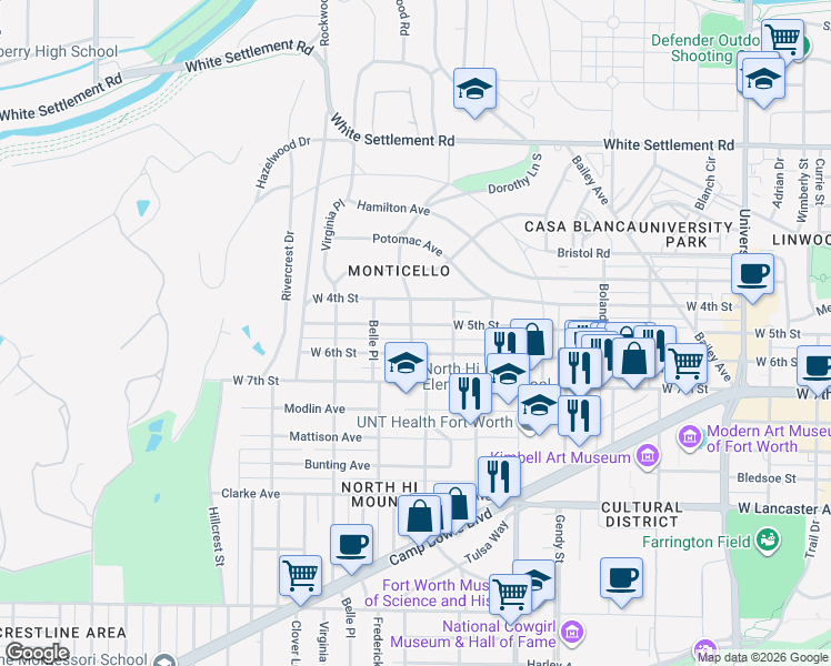 map of restaurants, bars, coffee shops, grocery stores, and more near 3783 West 5th Street in Fort Worth