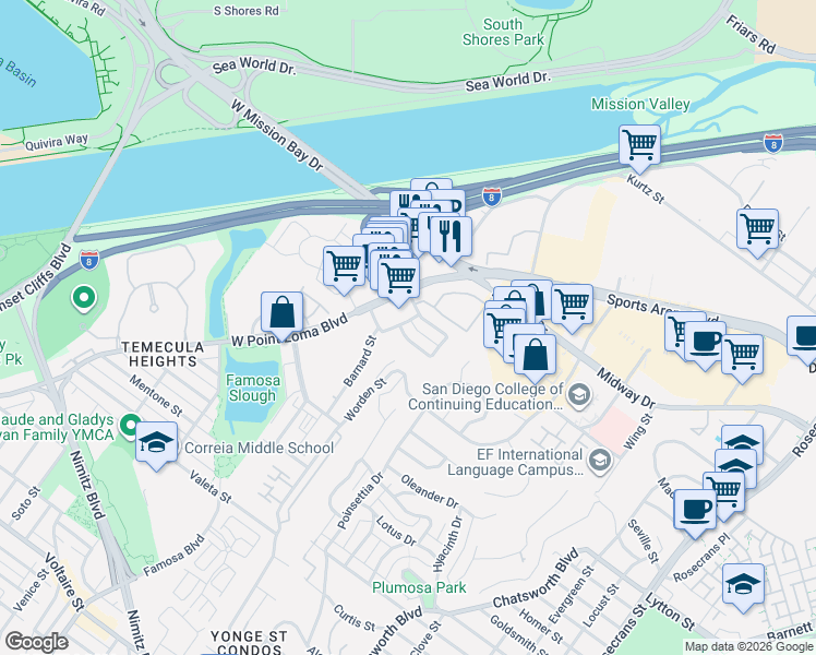 map of restaurants, bars, coffee shops, grocery stores, and more near 3894 Basilone Street in San Diego