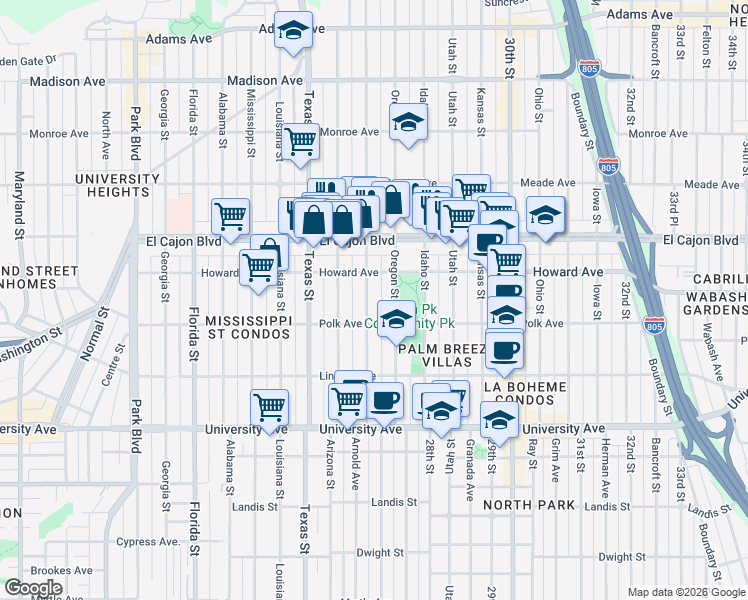 map of restaurants, bars, coffee shops, grocery stores, and more near 4114 Hamilton Street in San Diego