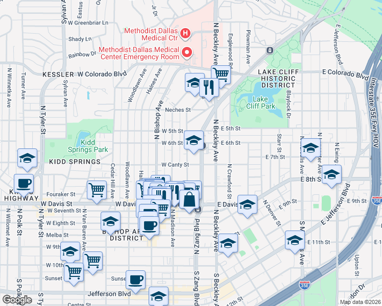 map of restaurants, bars, coffee shops, grocery stores, and more near 801 North Zang Boulevard in Dallas