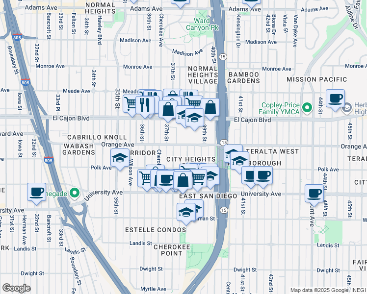 map of restaurants, bars, coffee shops, grocery stores, and more near in San Diego