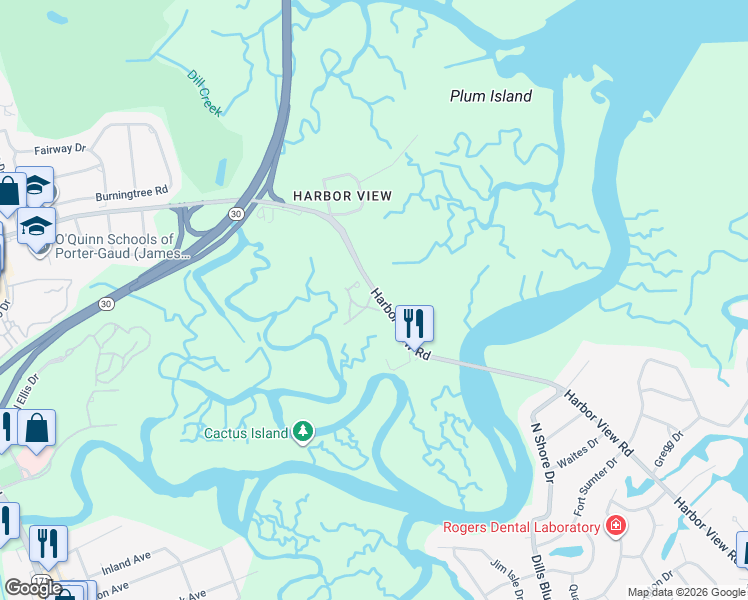 map of restaurants, bars, coffee shops, grocery stores, and more near 1275 Harbor View Road in Charleston