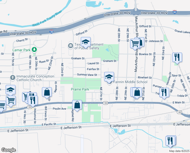 map of restaurants, bars, coffee shops, grocery stores, and more near 2617 Pine Street in Grand Prairie