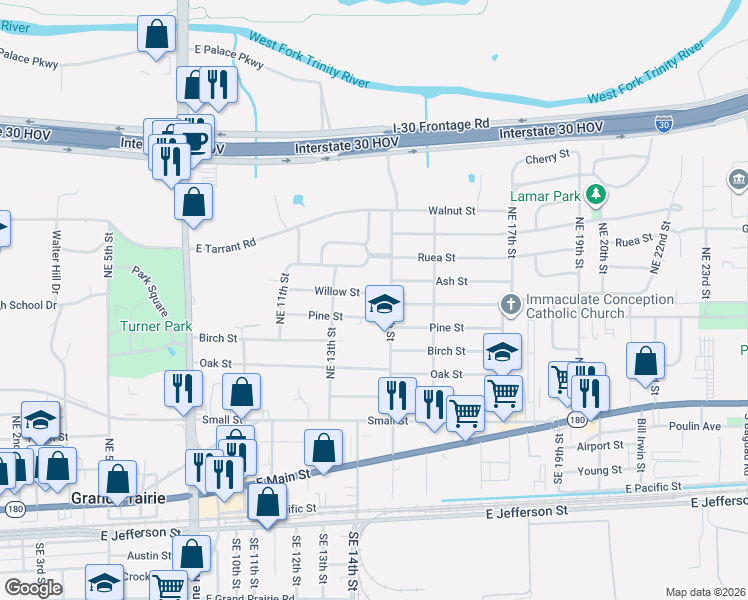map of restaurants, bars, coffee shops, grocery stores, and more near 1402 Pine Street in Grand Prairie