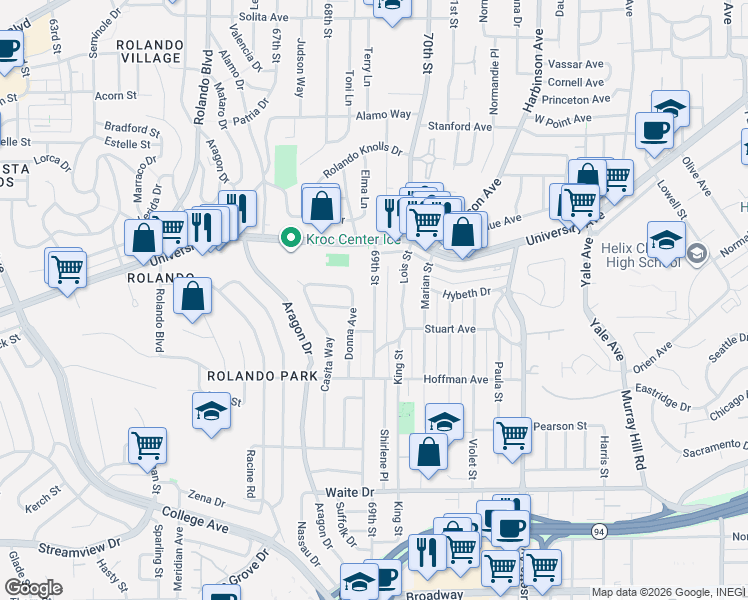 map of restaurants, bars, coffee shops, grocery stores, and more near 4146 69th Street in San Diego