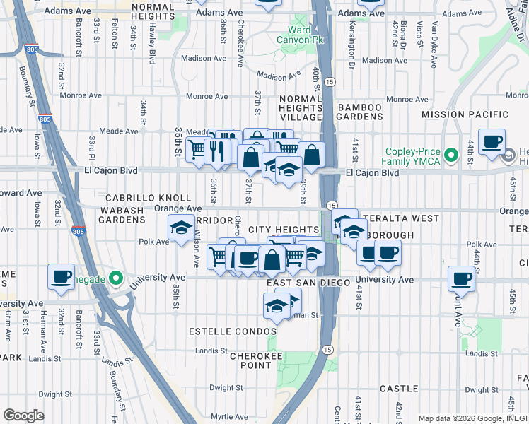 map of restaurants, bars, coffee shops, grocery stores, and more near 4161 37th Street in San Diego