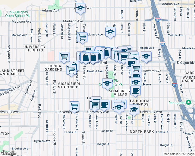 map of restaurants, bars, coffee shops, grocery stores, and more near 4114 Hamilton Street in San Diego