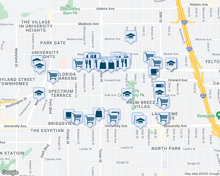 map of restaurants, bars, coffee shops, grocery stores, and more near 4114 1/2 Arizona Street in San Diego