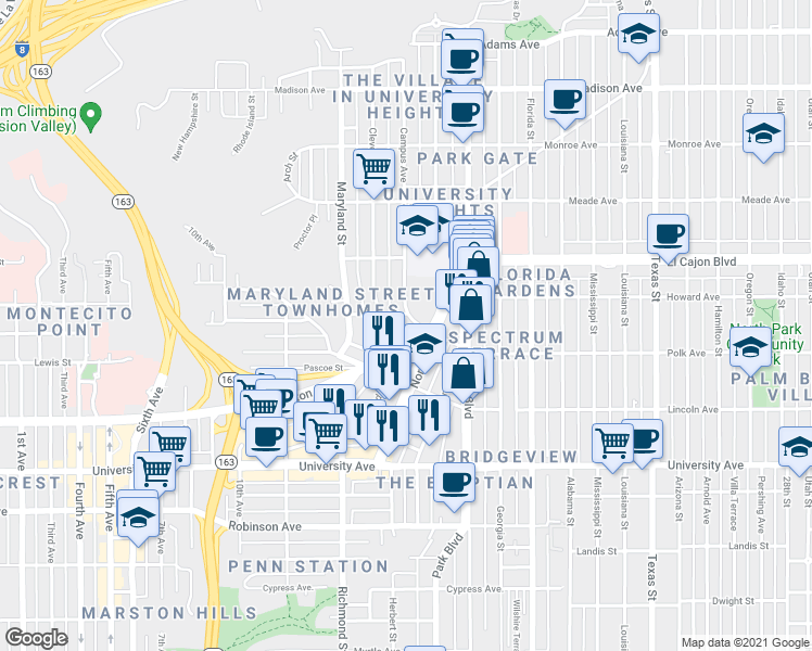 map of restaurants, bars, coffee shops, grocery stores, and more near 122 Washington Street in San Diego