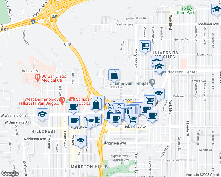 map of restaurants, bars, coffee shops, grocery stores, and more near 1056 Lincoln Avenue in San Diego