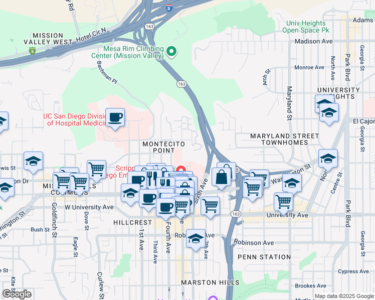 map of restaurants, bars, coffee shops, grocery stores, and more near 4165 5th Avenue in San Diego