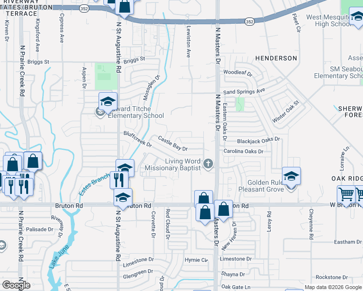 map of restaurants, bars, coffee shops, grocery stores, and more near 9904 Castle Bay Drive in Dallas