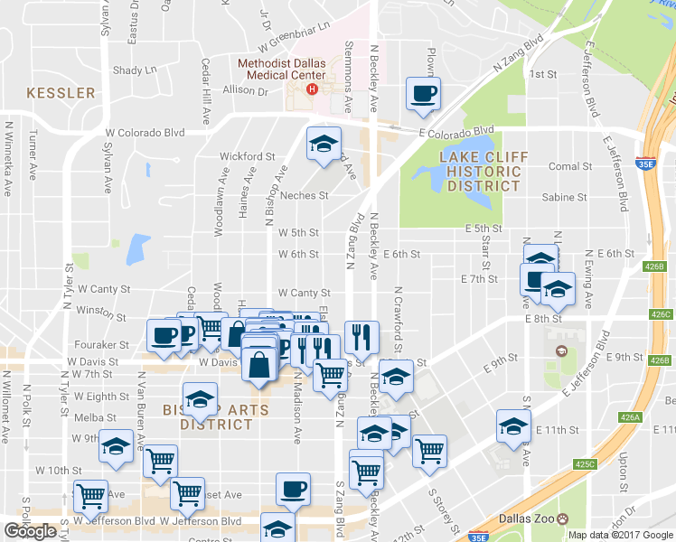 map of restaurants, bars, coffee shops, grocery stores, and more near 801 North Zang Boulevard in Dallas