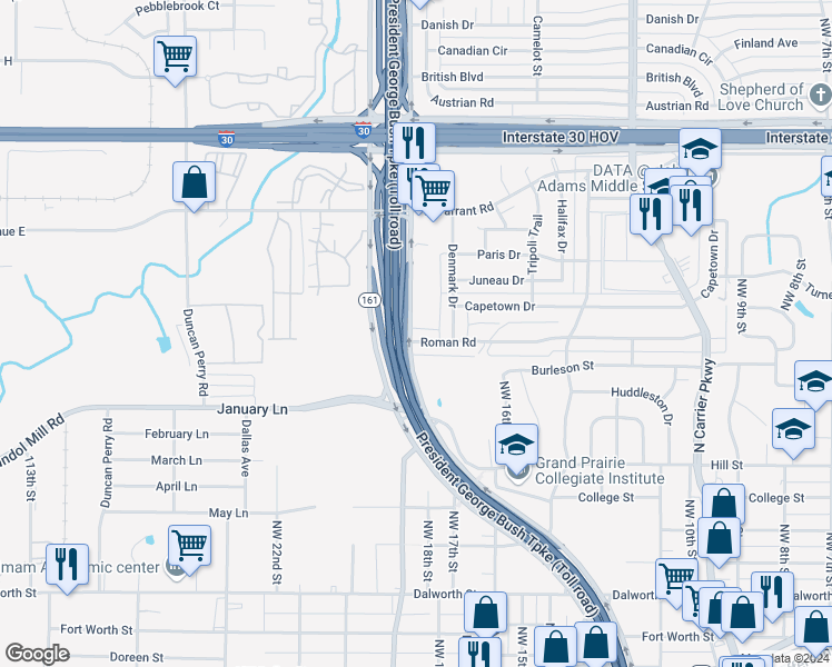 map of restaurants, bars, coffee shops, grocery stores, and more near 1803 Roman Road in Grand Prairie