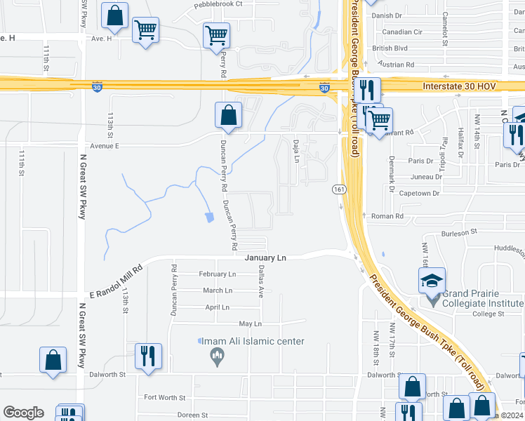 map of restaurants, bars, coffee shops, grocery stores, and more near 980 Lazybrook Lane in Grand Prairie