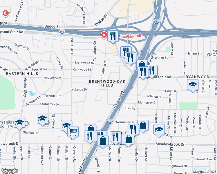 map of restaurants, bars, coffee shops, grocery stores, and more near 1805 Lynnwood Hills Drive in Fort Worth