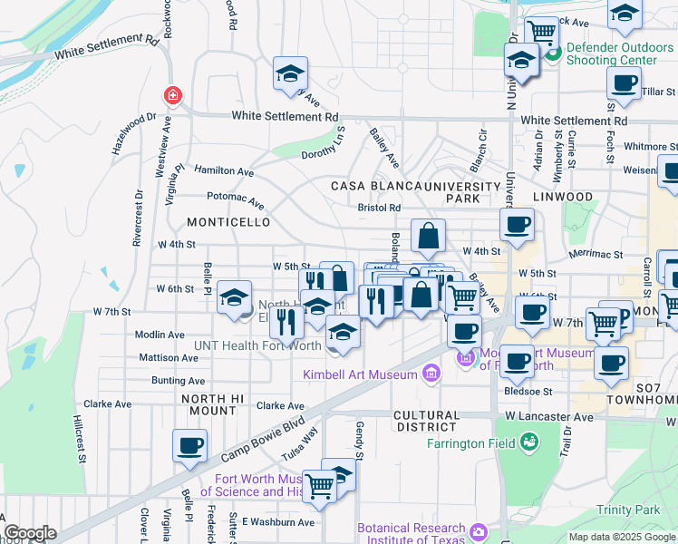 map of restaurants, bars, coffee shops, grocery stores, and more near 3564 West 6th Street in Fort Worth
