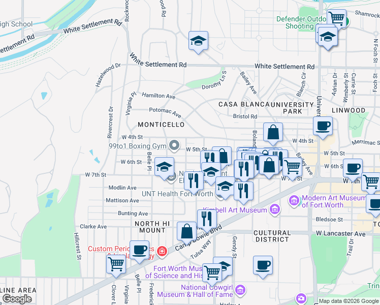 map of restaurants, bars, coffee shops, grocery stores, and more near 3750 West 6th Street in Fort Worth