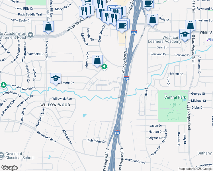 map of restaurants, bars, coffee shops, grocery stores, and more near 9601 Kittyhawk Lane in Fort Worth