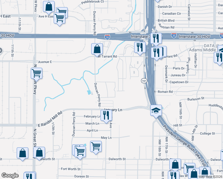 map of restaurants, bars, coffee shops, grocery stores, and more near 950 Duncan Perry Road in Grand Prairie