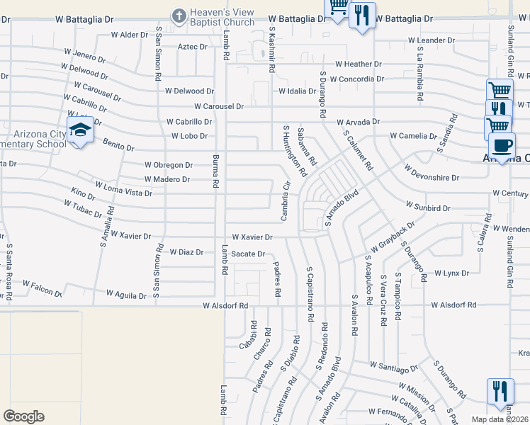 map of restaurants, bars, coffee shops, grocery stores, and more near 10934 Cambria Circle in Arizona City