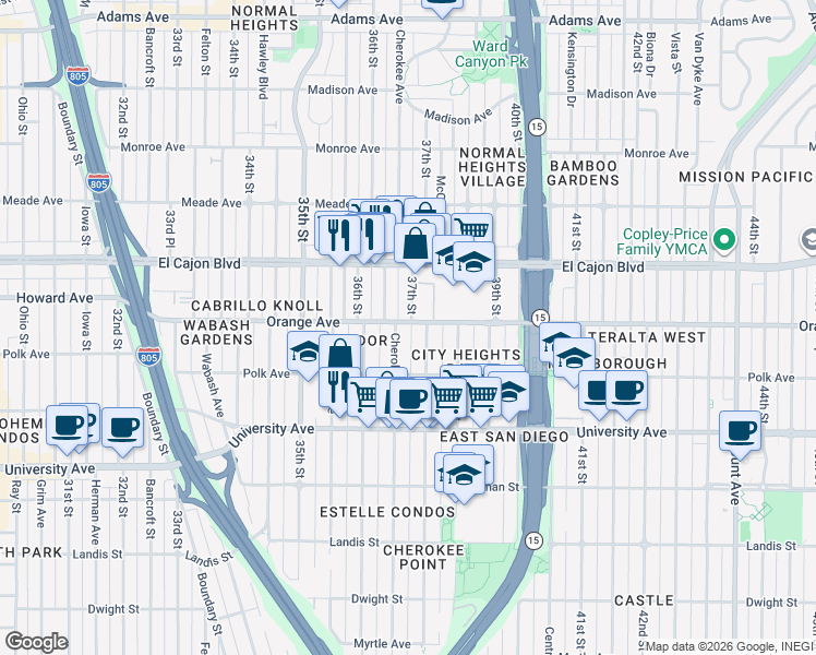 map of restaurants, bars, coffee shops, grocery stores, and more near 3669 Orange Avenue in San Diego