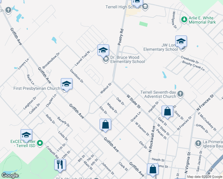 map of restaurants, bars, coffee shops, grocery stores, and more near 309 Westvue Street in Terrell
