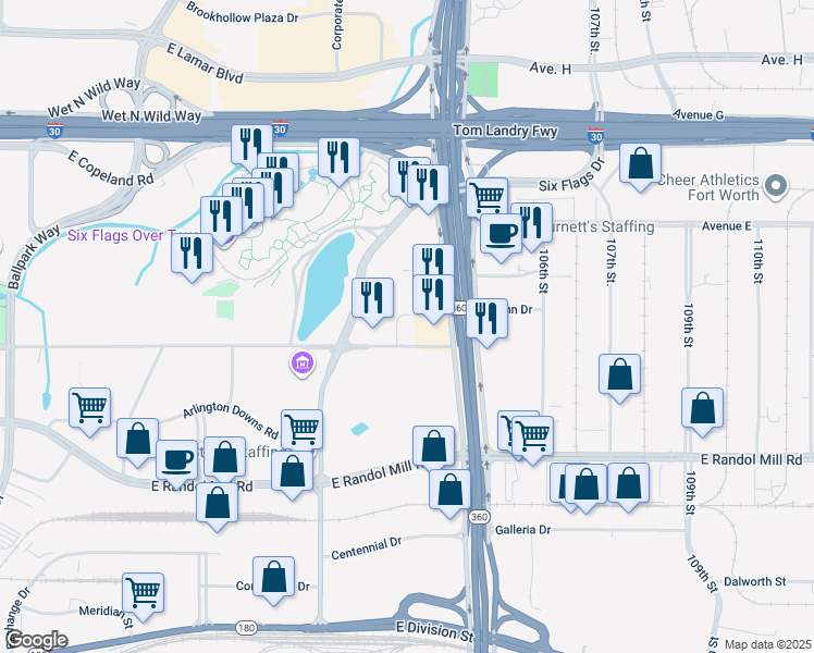 map of restaurants, bars, coffee shops, grocery stores, and more near 2401 East Road to Six Flags Street in Arlington