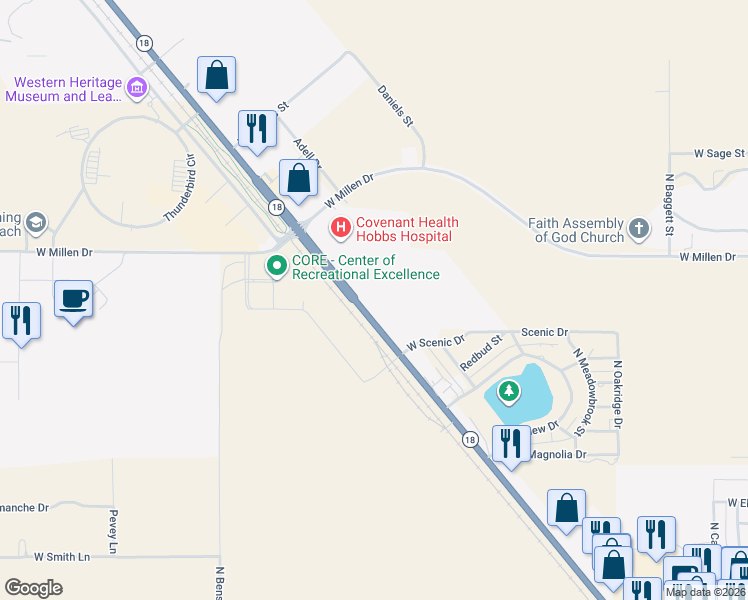 map of restaurants, bars, coffee shops, grocery stores, and more near 4607-4699 North Lovington Highway in Hobbs