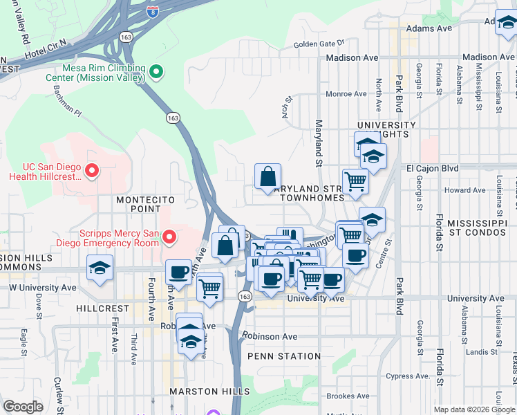 map of restaurants, bars, coffee shops, grocery stores, and more near 1056 Lincoln Avenue in San Diego