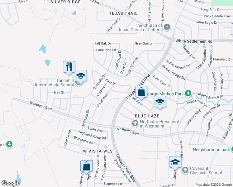 map of restaurants, bars, coffee shops, grocery stores, and more near 10509 Maria Drive in Fort Worth