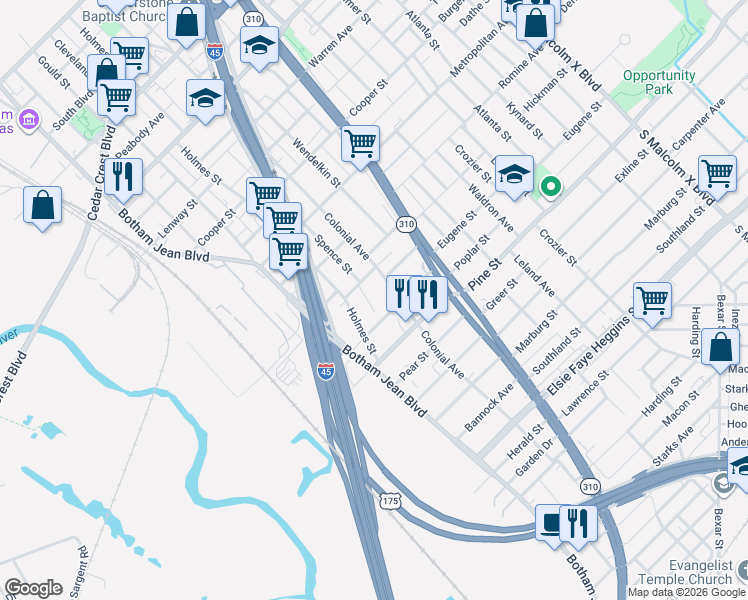 map of restaurants, bars, coffee shops, grocery stores, and more near 1621 Poplar Street in Dallas