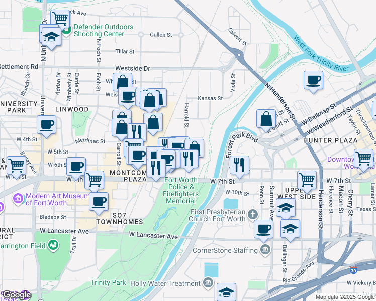 map of restaurants, bars, coffee shops, grocery stores, and more near 545 Harrold Street in Fort Worth