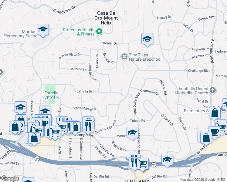 map of restaurants, bars, coffee shops, grocery stores, and more near 10117 Cliffwood Drive in La Mesa
