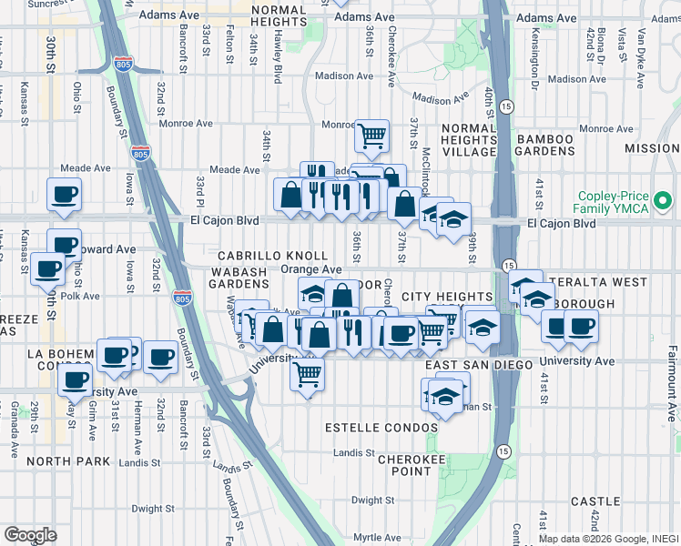 map of restaurants, bars, coffee shops, grocery stores, and more near 4187 Wilson Avenue in San Diego