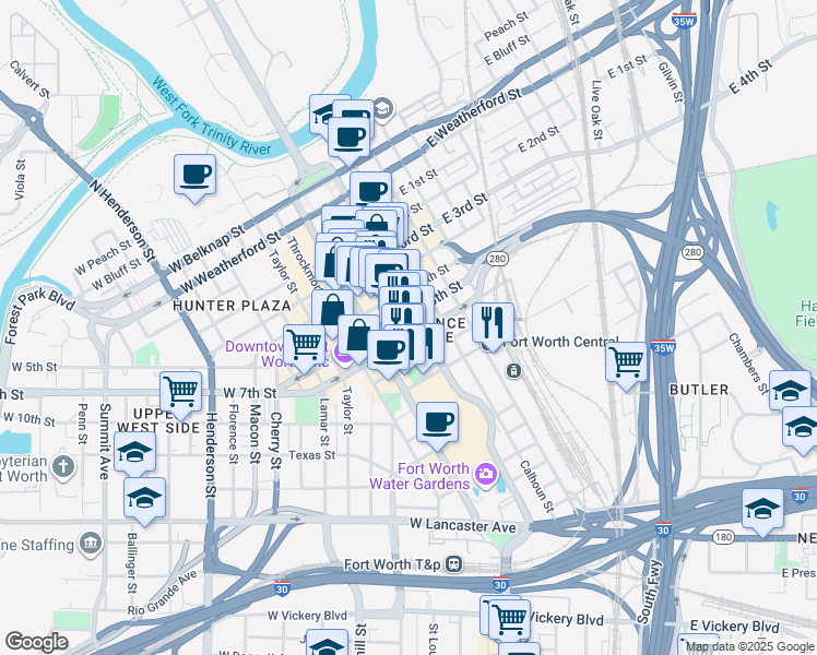 map of restaurants, bars, coffee shops, grocery stores, and more near 777 Main Street in Fort Worth