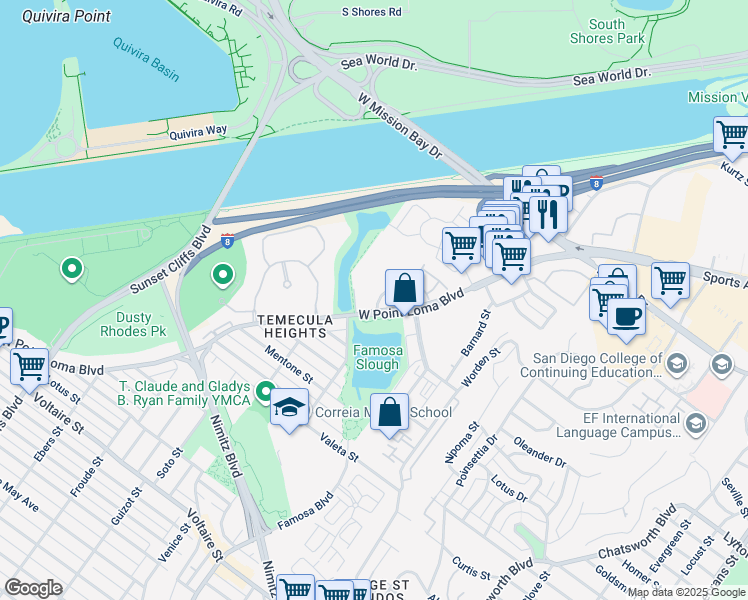 map of restaurants, bars, coffee shops, grocery stores, and more near in San Diego