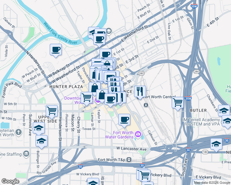 map of restaurants, bars, coffee shops, grocery stores, and more near 777 Main Street in Fort Worth