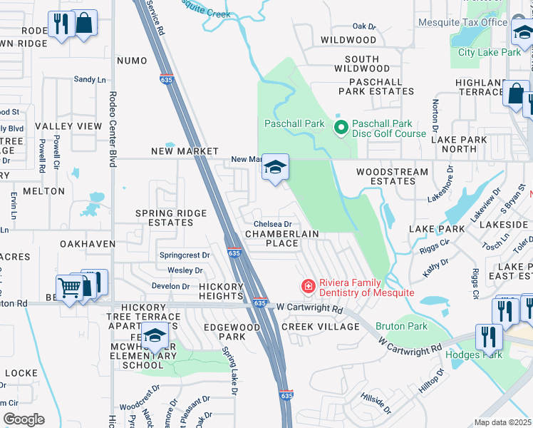 map of restaurants, bars, coffee shops, grocery stores, and more near 1204 Chelsea Court in Mesquite