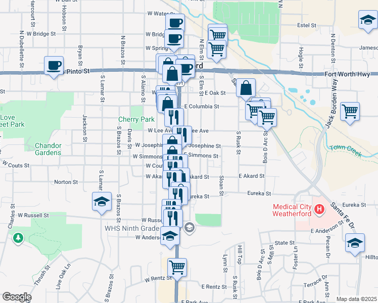 map of restaurants, bars, coffee shops, grocery stores, and more near 601 South Main Street in Weatherford