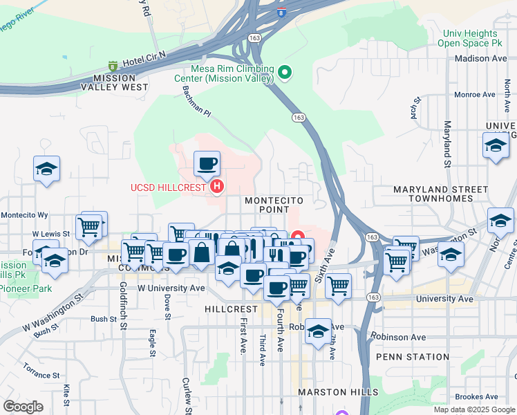 map of restaurants, bars, coffee shops, grocery stores, and more near 4175 Bachman Place in San Diego