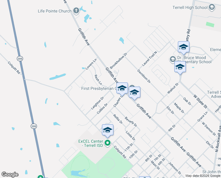map of restaurants, bars, coffee shops, grocery stores, and more near 206 Rash Lane in Terrell