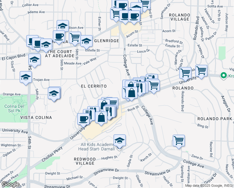 map of restaurants, bars, coffee shops, grocery stores, and more near 4152 60th Street in San Diego