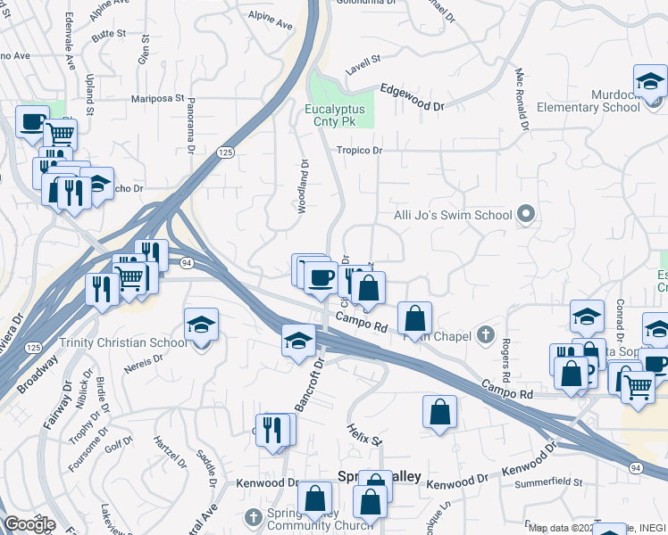 map of restaurants, bars, coffee shops, grocery stores, and more near 4060 Bancroft Drive in La Mesa
