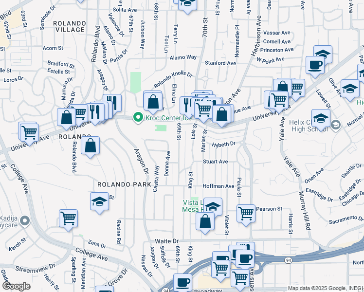 map of restaurants, bars, coffee shops, grocery stores, and more near 4146 69th Street in San Diego