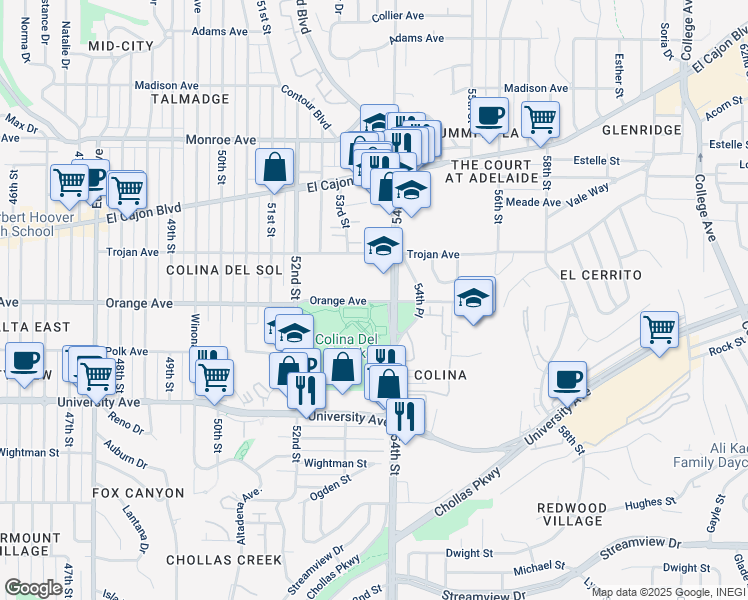 map of restaurants, bars, coffee shops, grocery stores, and more near 5319 Orange Avenue in San Diego