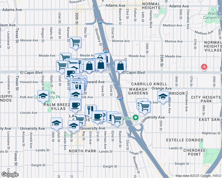 map of restaurants, bars, coffee shops, grocery stores, and more near 4124 32nd Street in San Diego