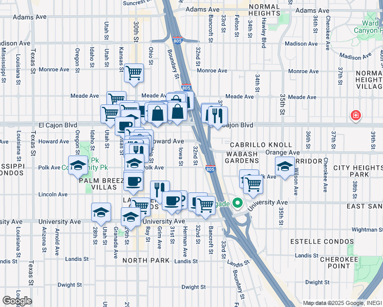 map of restaurants, bars, coffee shops, grocery stores, and more near 4124 32nd Street in San Diego