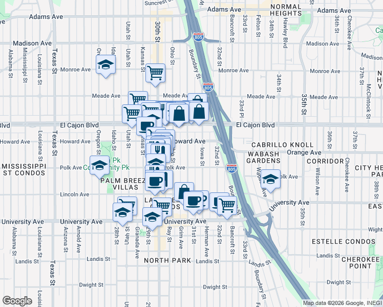 map of restaurants, bars, coffee shops, grocery stores, and more near 4111 Illinois Street in San Diego